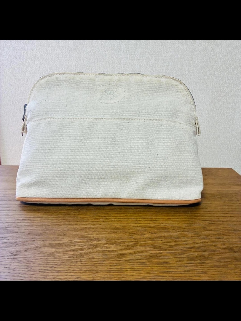 Hermes Cream Canvas Toiletry Pouch with Tan Trim